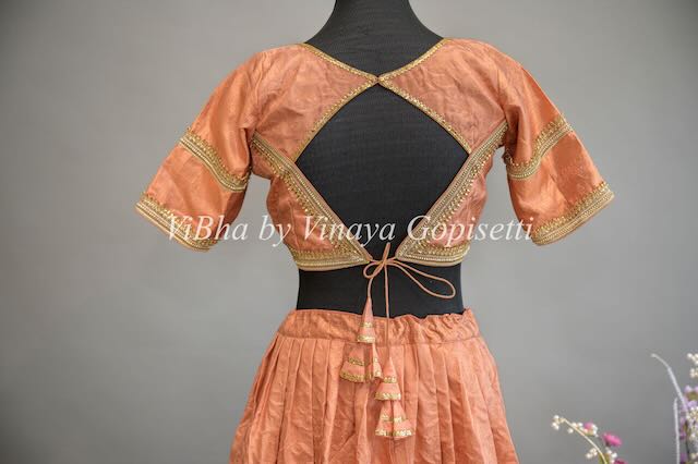 Copper Kanchi Silk Lehenga with Embroidered Borders And Pen Kalamkari Dupatta