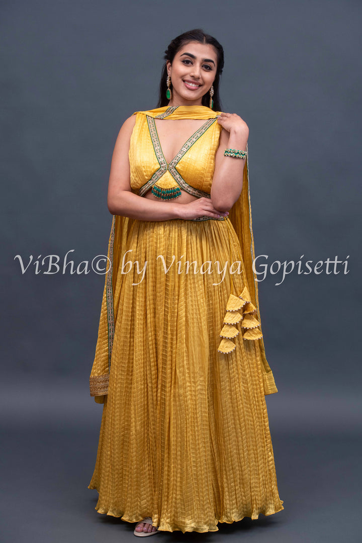 Yellow crushed silk lehenga