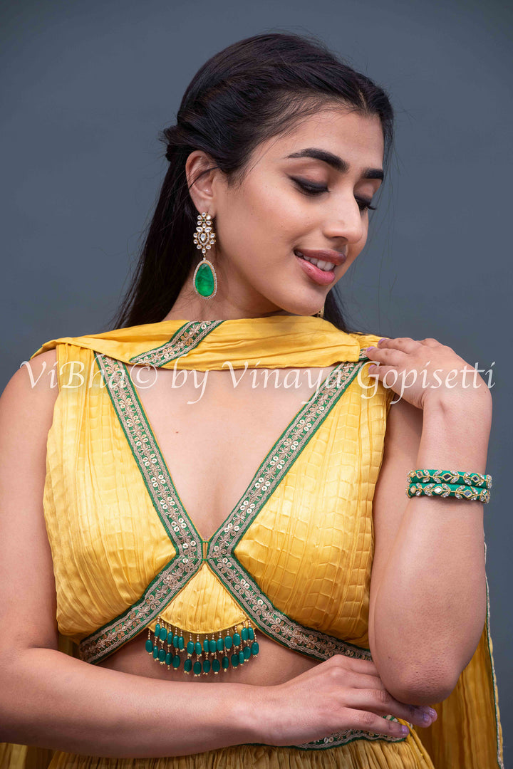 Yellow crushed silk lehenga