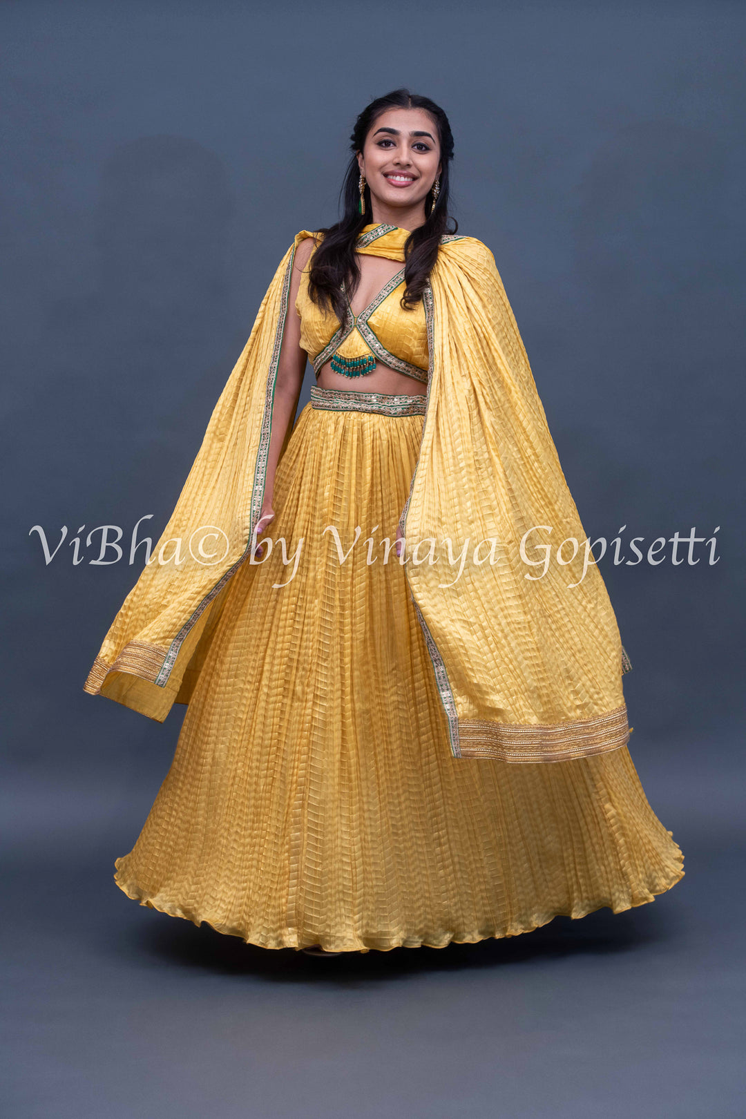 Yellow crushed silk lehenga