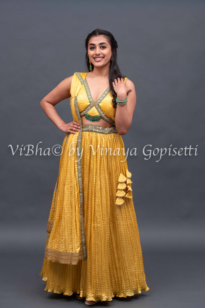 Yellow crushed silk lehenga