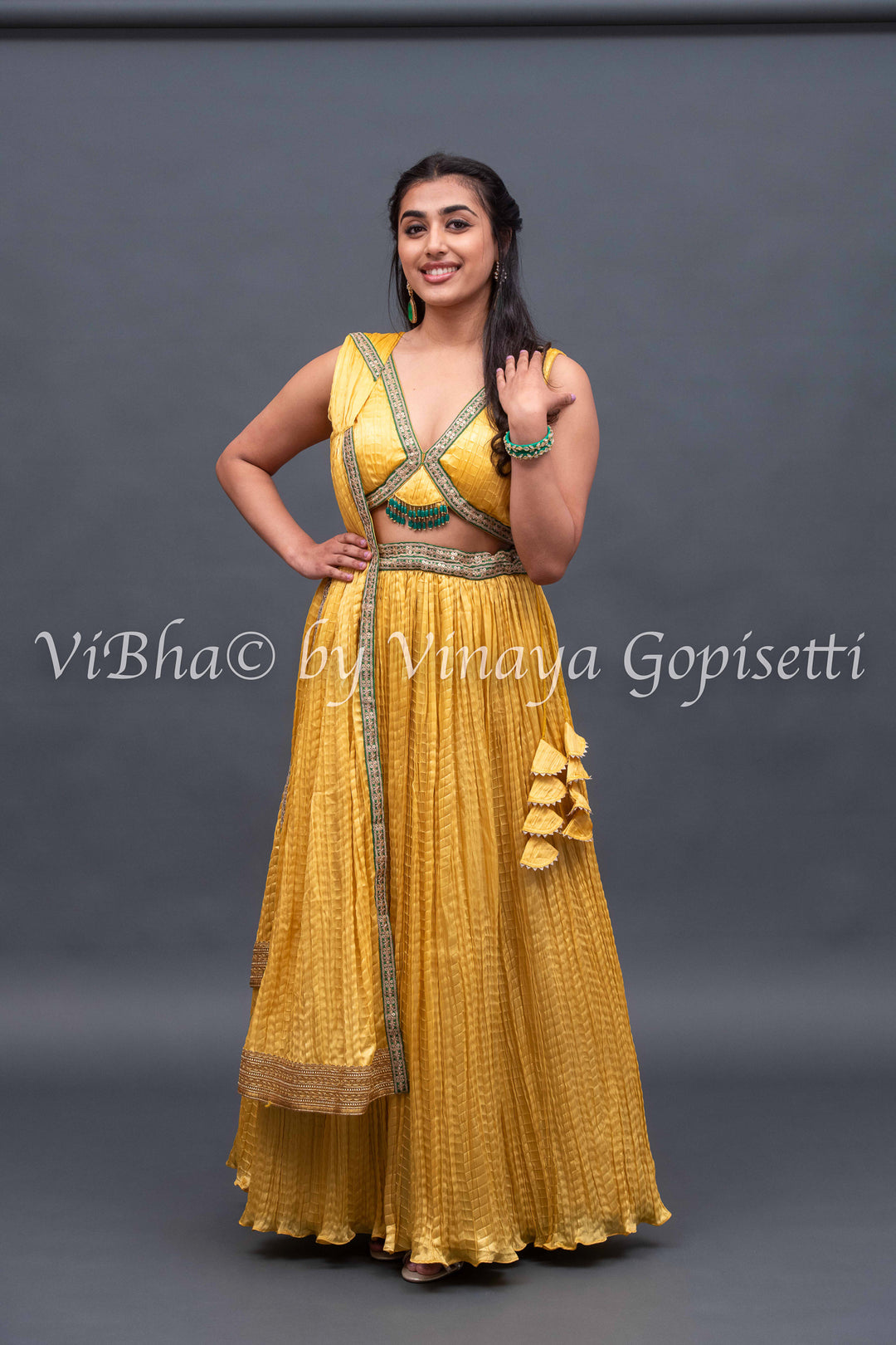 Yellow crushed silk lehenga