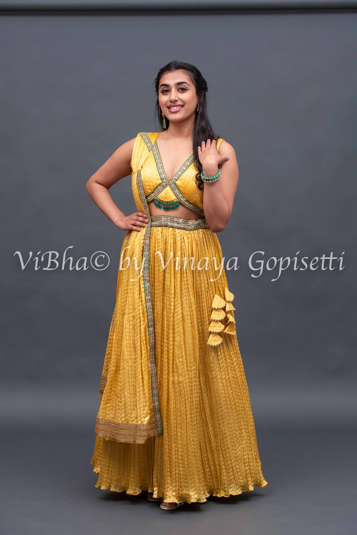 Yellow crushed silk lehenga