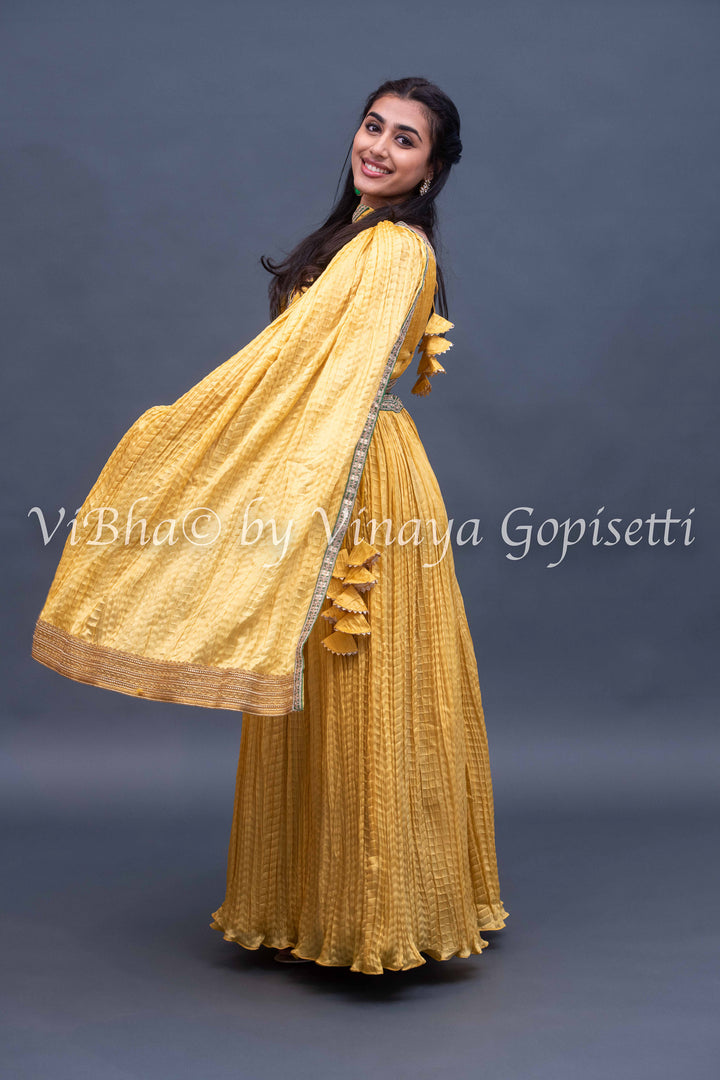 Yellow crushed silk lehenga