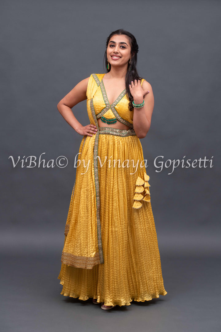 Yellow crushed silk lehenga