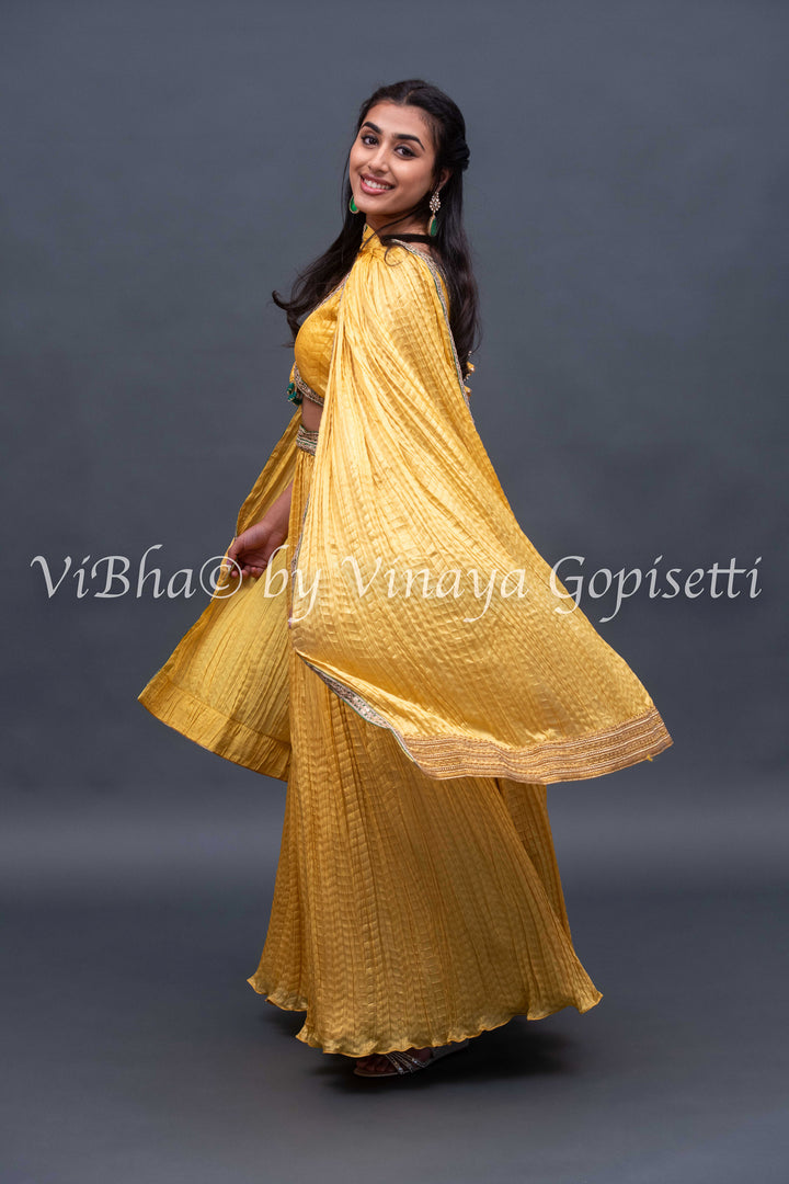 Yellow crushed silk lehenga