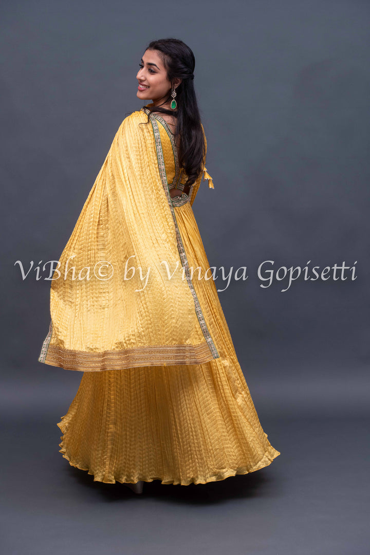 Yellow crushed silk lehenga