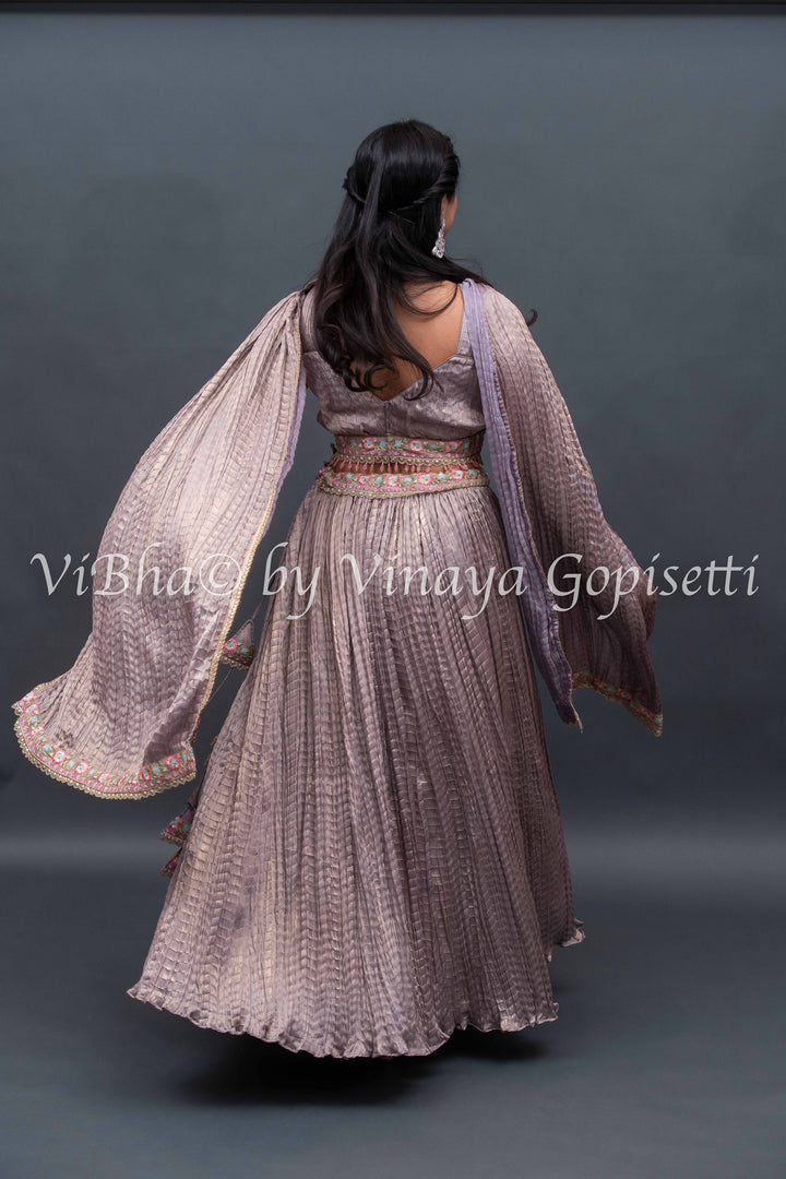 Mauve crushed silk Lehenga with embroidered Borders