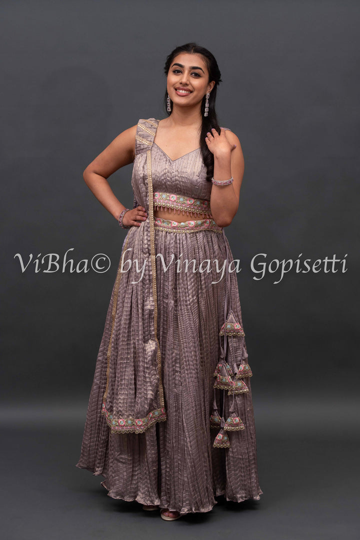 Mauve crushed silk Lehenga with embroidered Borders