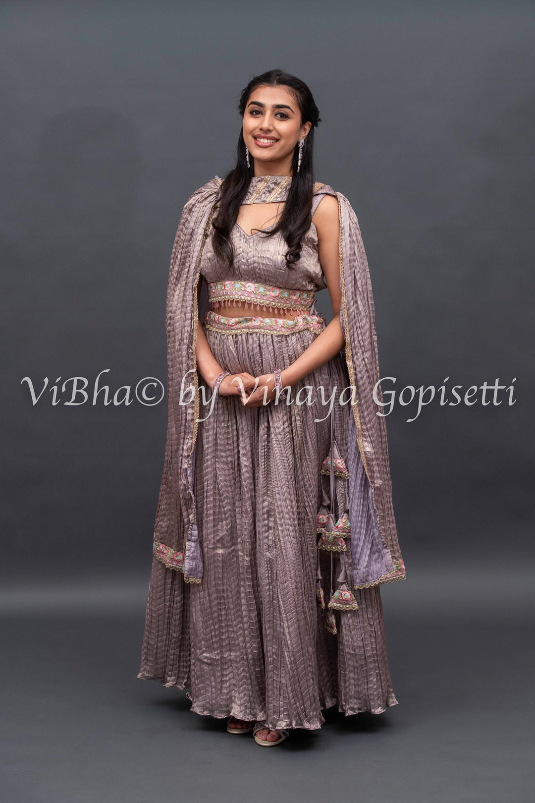 Mauve crushed silk Lehenga with embroidered Borders