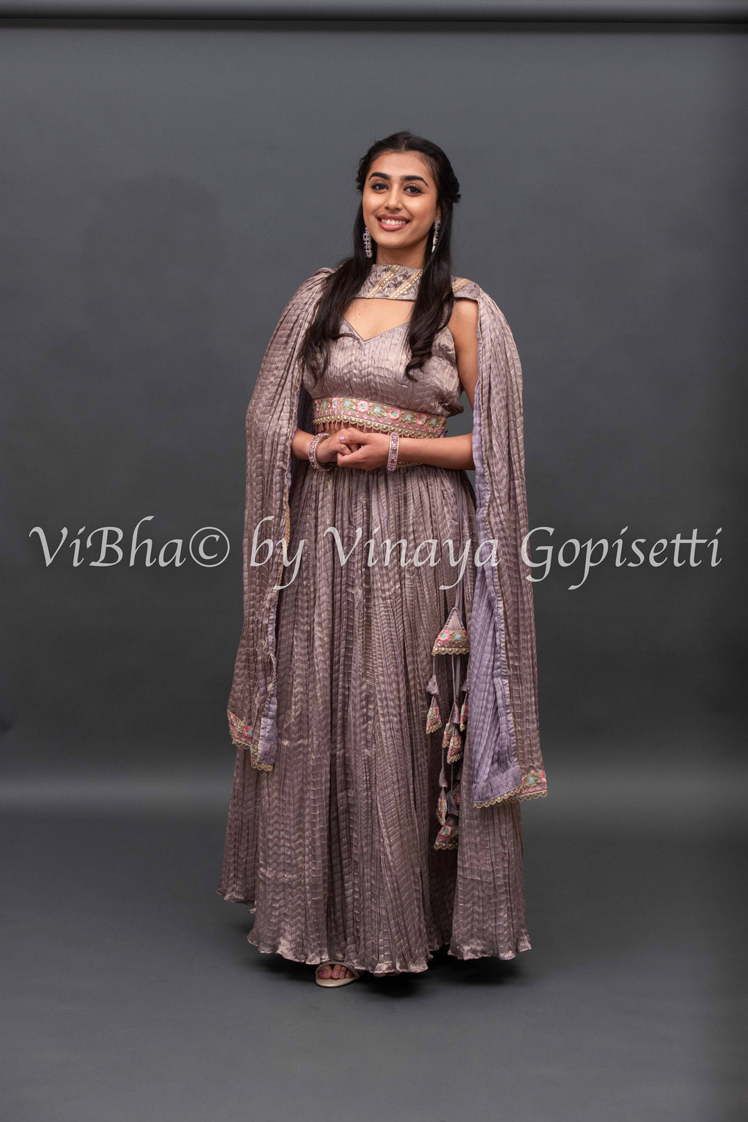 Mauve crushed silk Lehenga with embroidered Borders