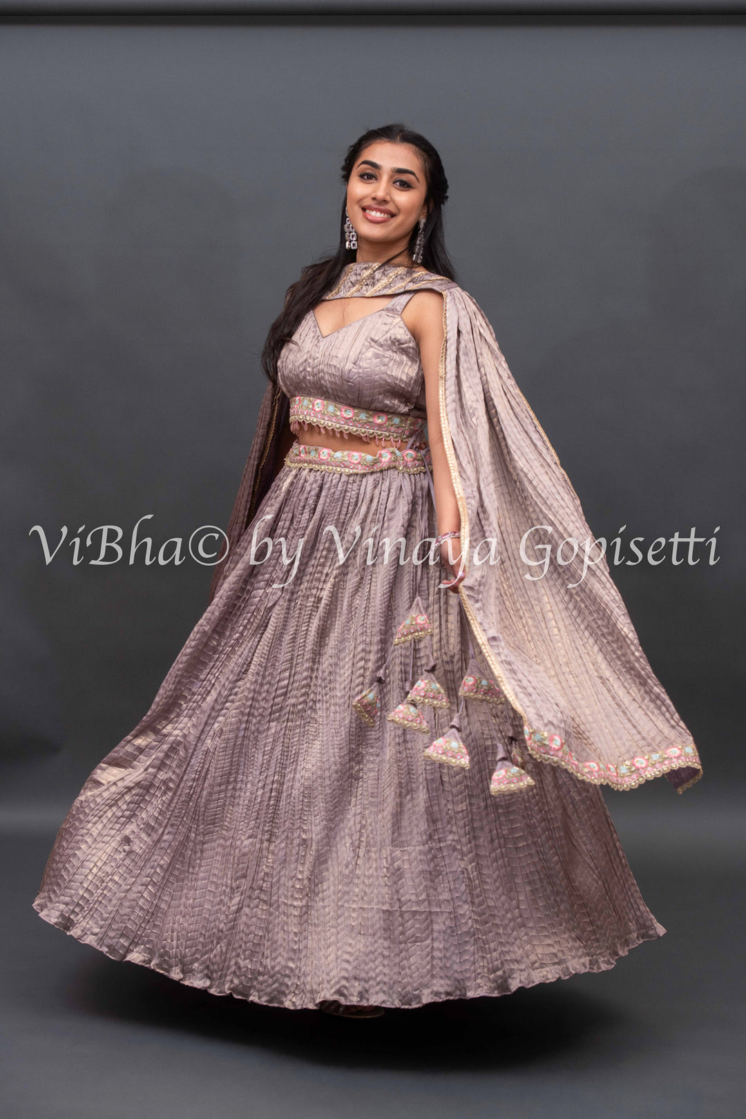 Mauve crushed silk Lehenga with embroidered Borders