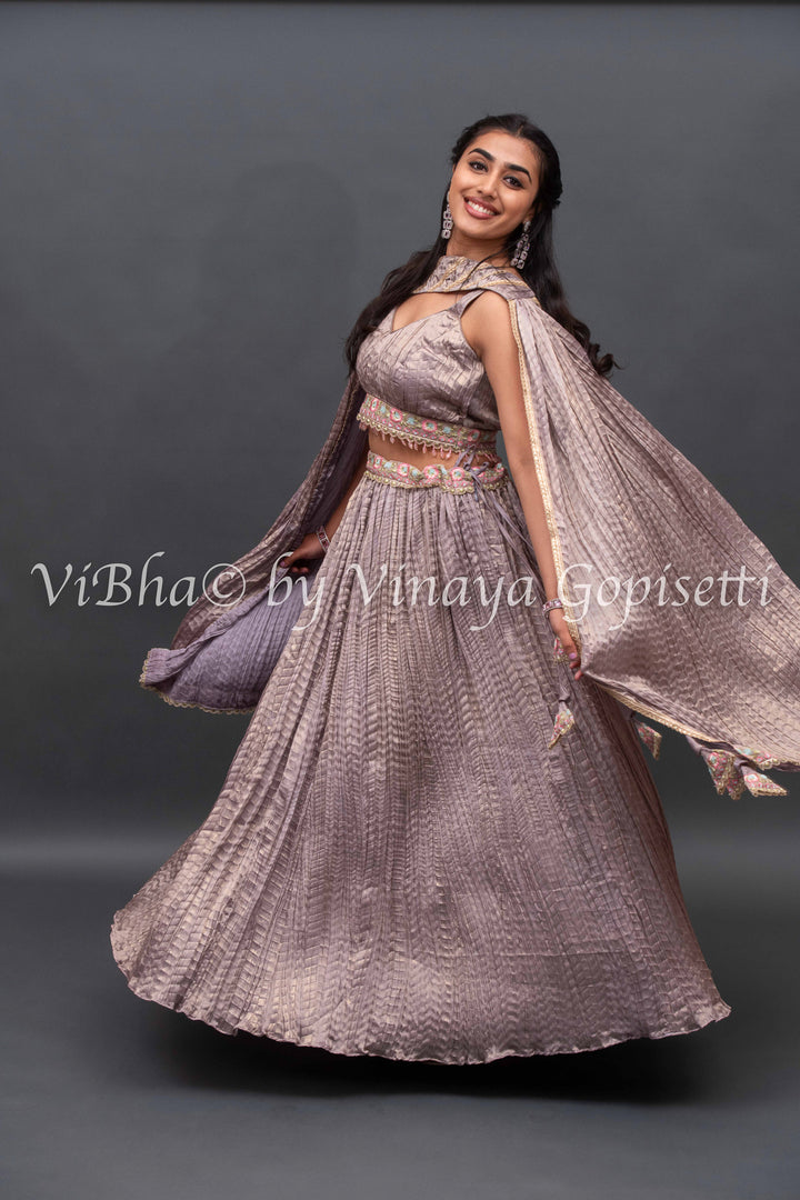 Mauve crushed silk Lehenga with embroidered Borders