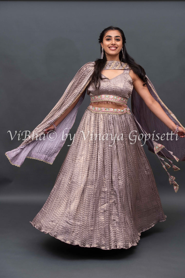 Mauve crushed silk Lehenga with embroidered Borders