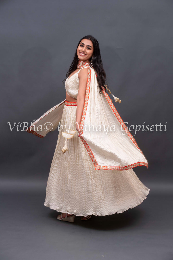 Ivory White crushed silk Lehenga with pearl border