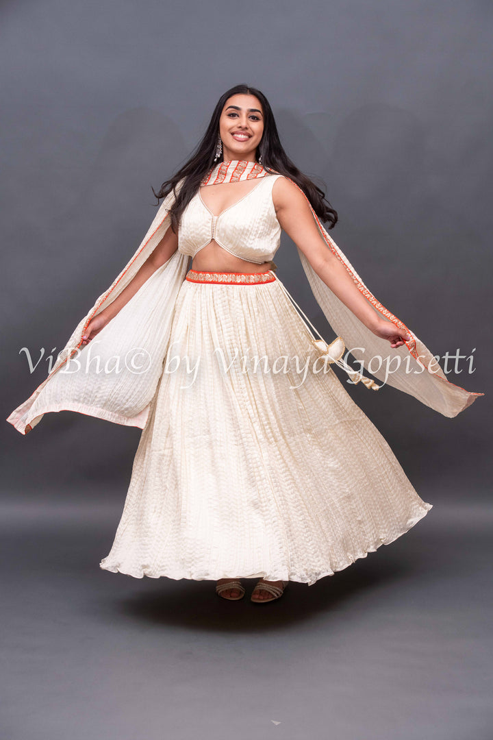 Ivory White crushed silk Lehenga with pearl border