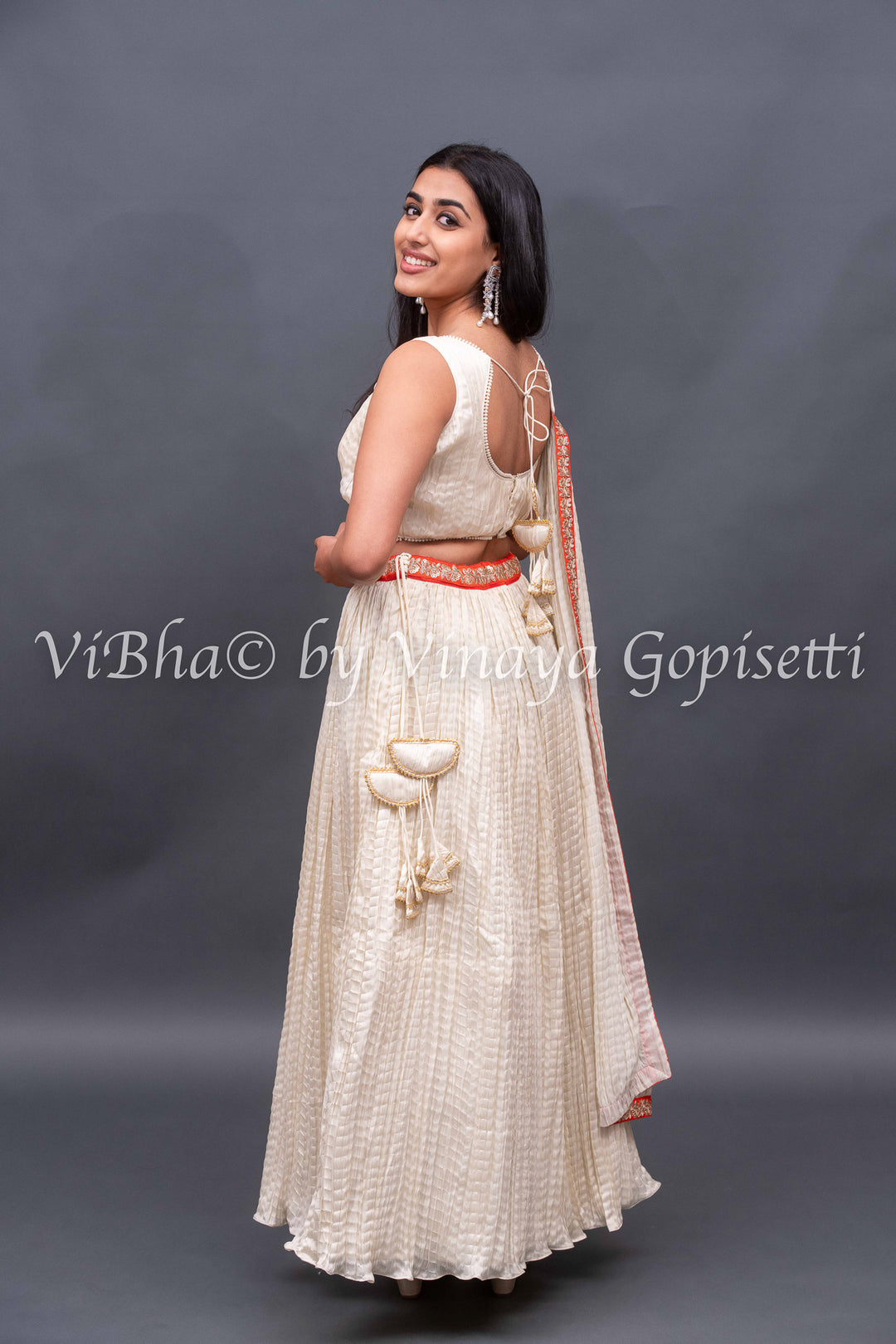 Ivory White crushed silk Lehenga with pearl border