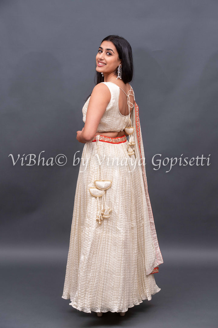 Ivory White crushed silk Lehenga with pearl border