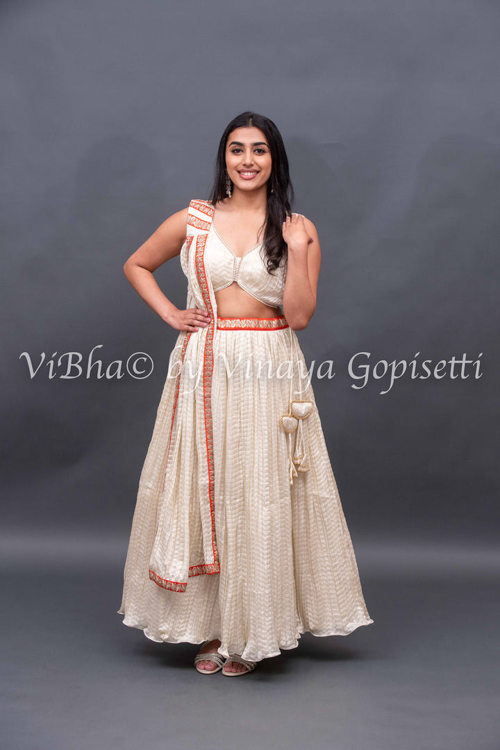 Ivory White crushed silk Lehenga with pearl border