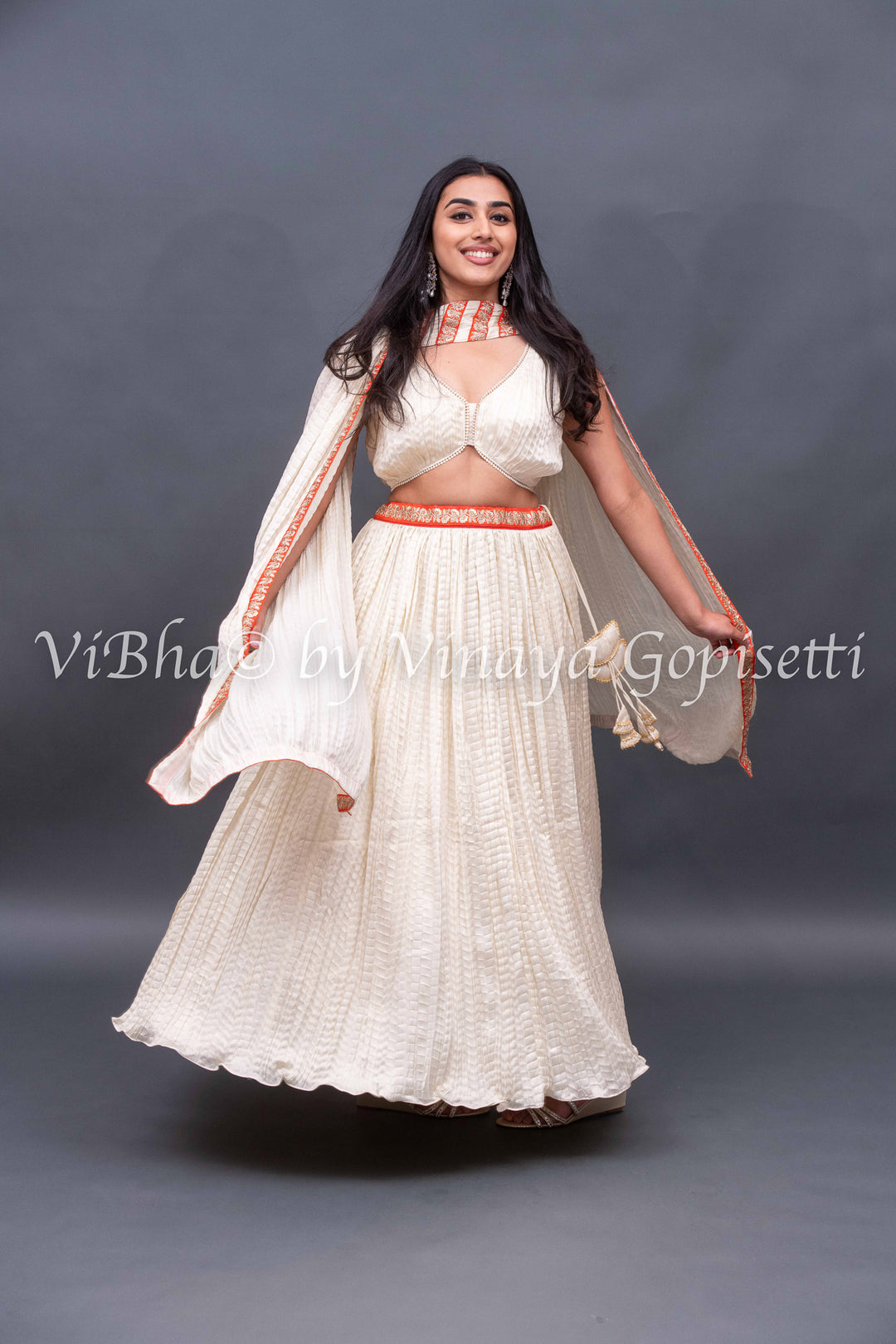 Ivory White crushed silk Lehenga with pearl border