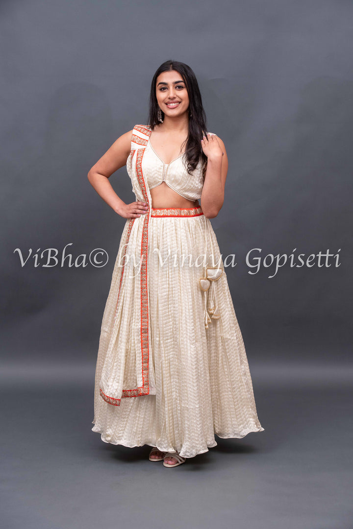 Ivory White crushed silk Lehenga with pearl border