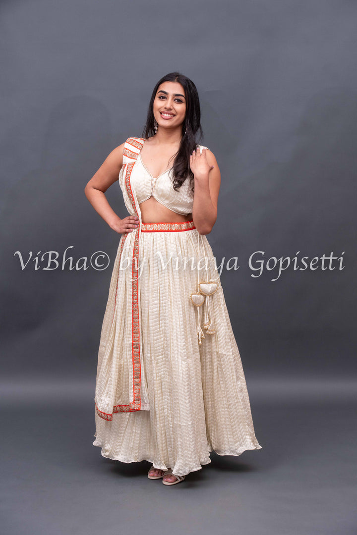 Ivory White crushed silk Lehenga with pearl border