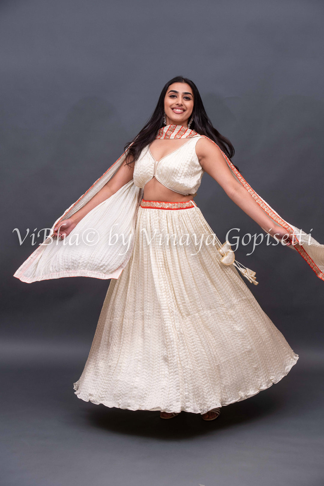 Ivory White crushed silk Lehenga with pearl border