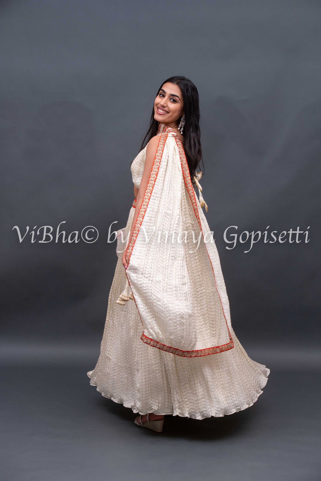 Ivory White crushed silk Lehenga with pearl border