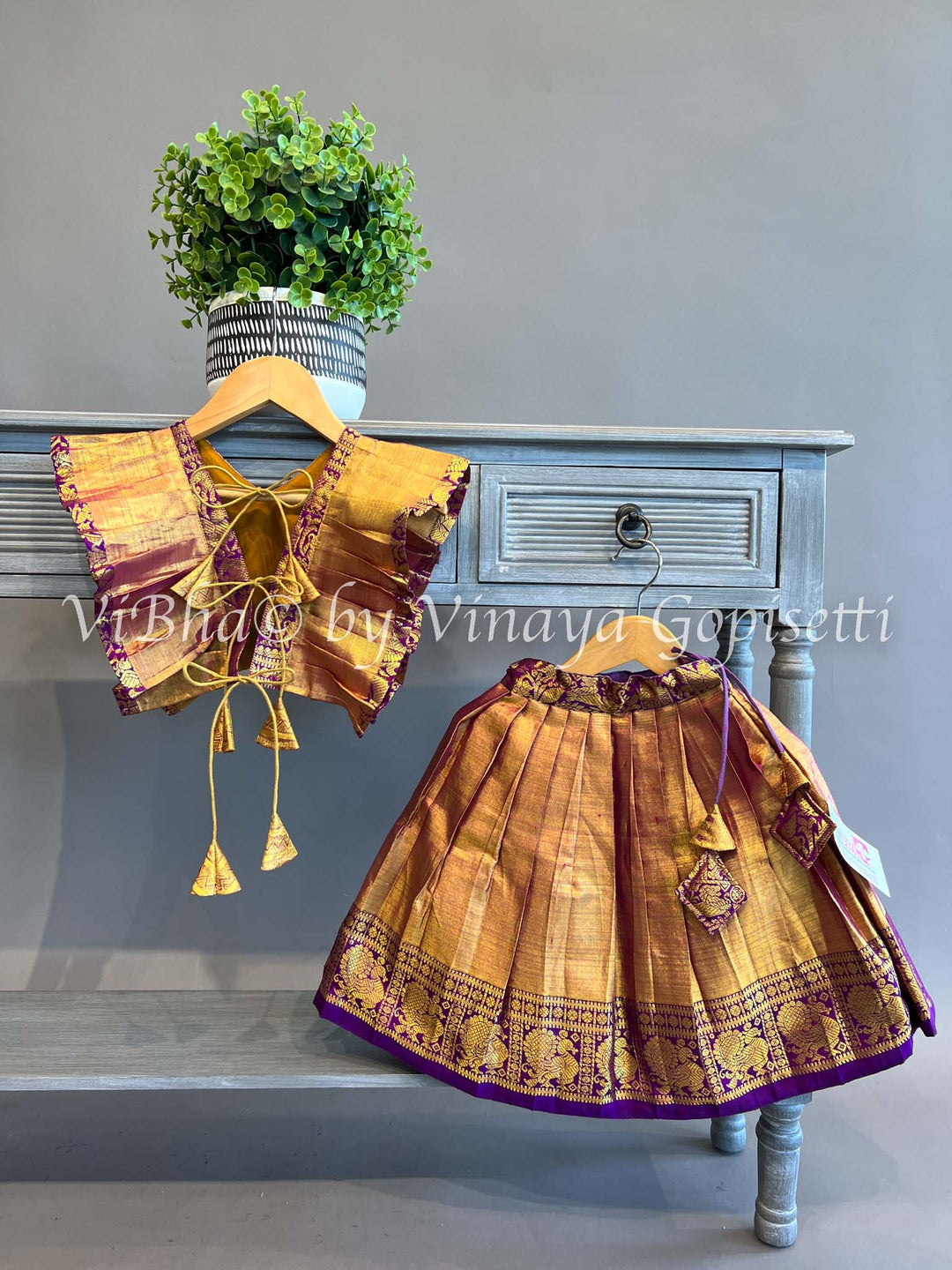 Gold Tissue and purple Kanchi Silk Skirt and Top