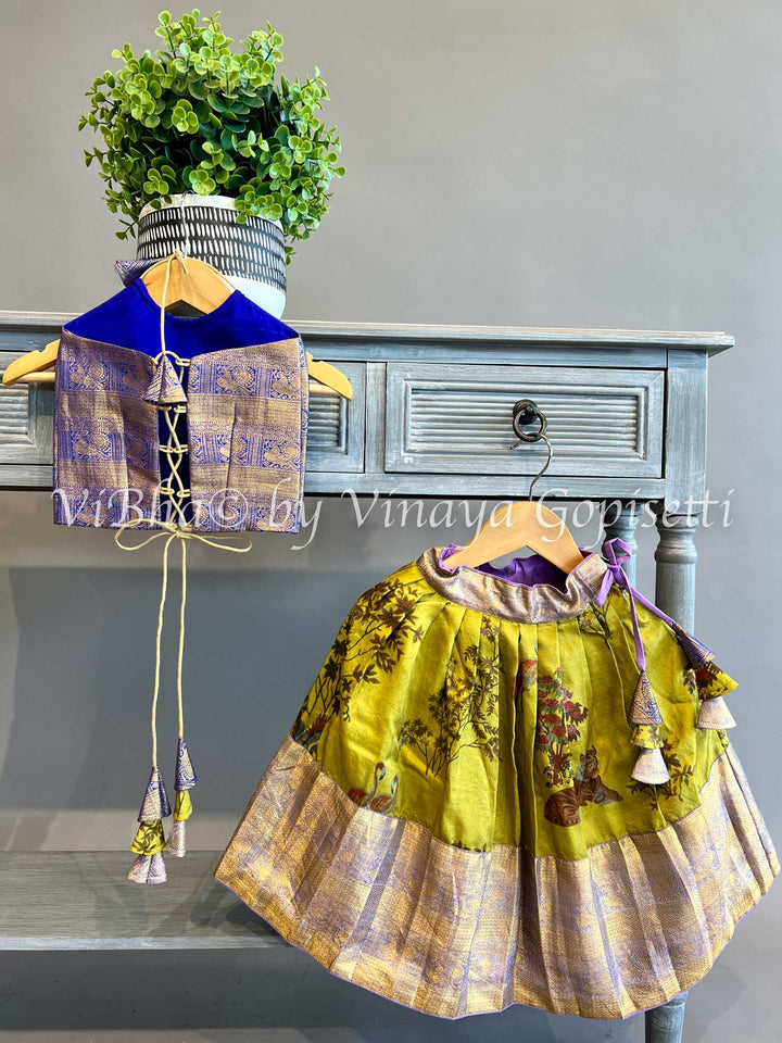 Mehendi Green and Purple Kanchi Silk Skirt with Halter neck Top