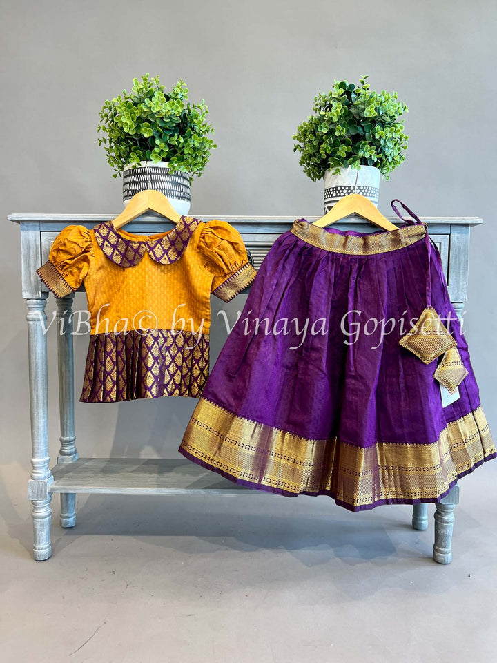 Dark Purple And Mustard Yellow Kanchi Skirt and Top