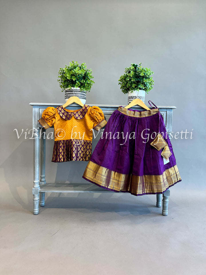 Dark Purple And Mustard Yellow Kanchi Skirt and Top