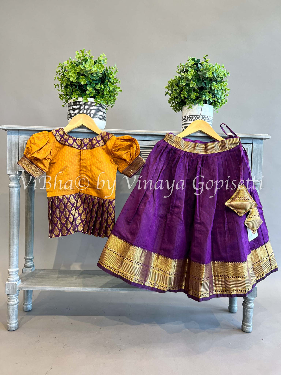 Dark Purple And Mustard Yellow Kanchi Skirt and Top