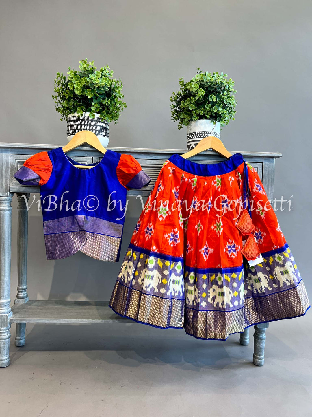 Ink Blue and Reddish Orange Ikkat Silk Skirt and Top