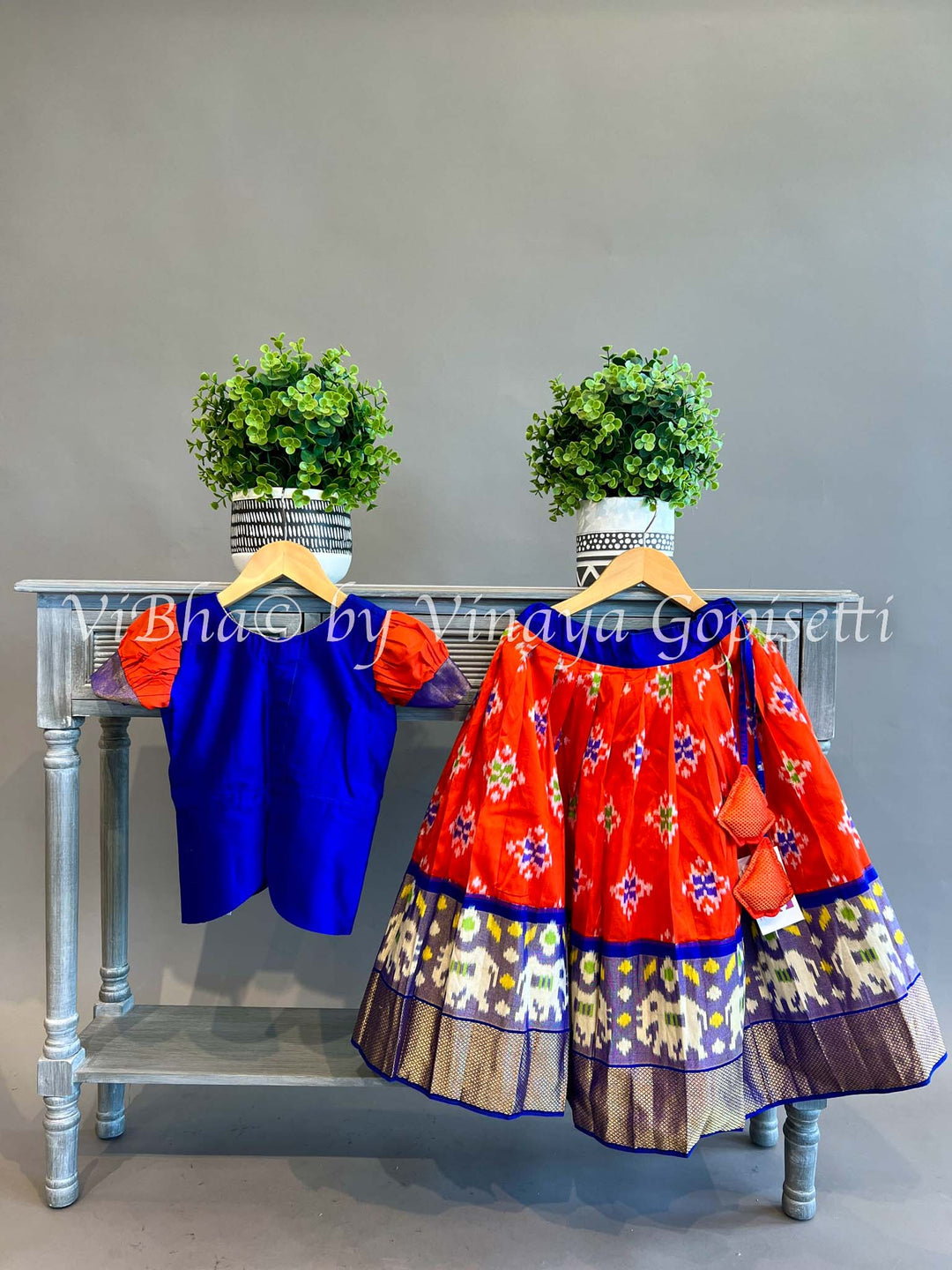 Ink Blue and Reddish Orange Ikkat Silk Skirt and Top