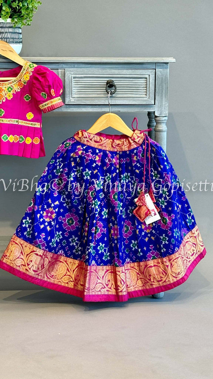 Blue And Pink Ikkat Kanchi Silk Skirt And Embroidered Top