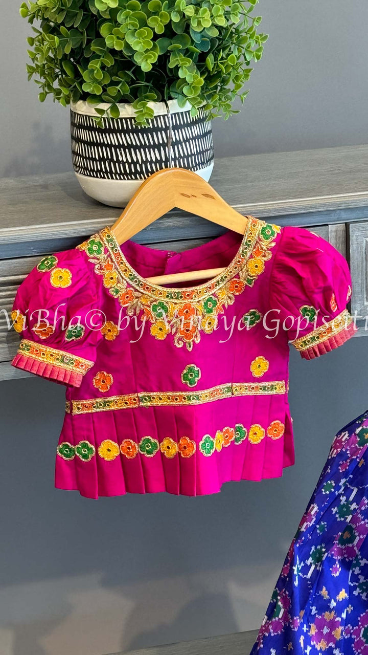 Blue And Pink Ikkat Kanchi Silk Skirt And Embroidered Top