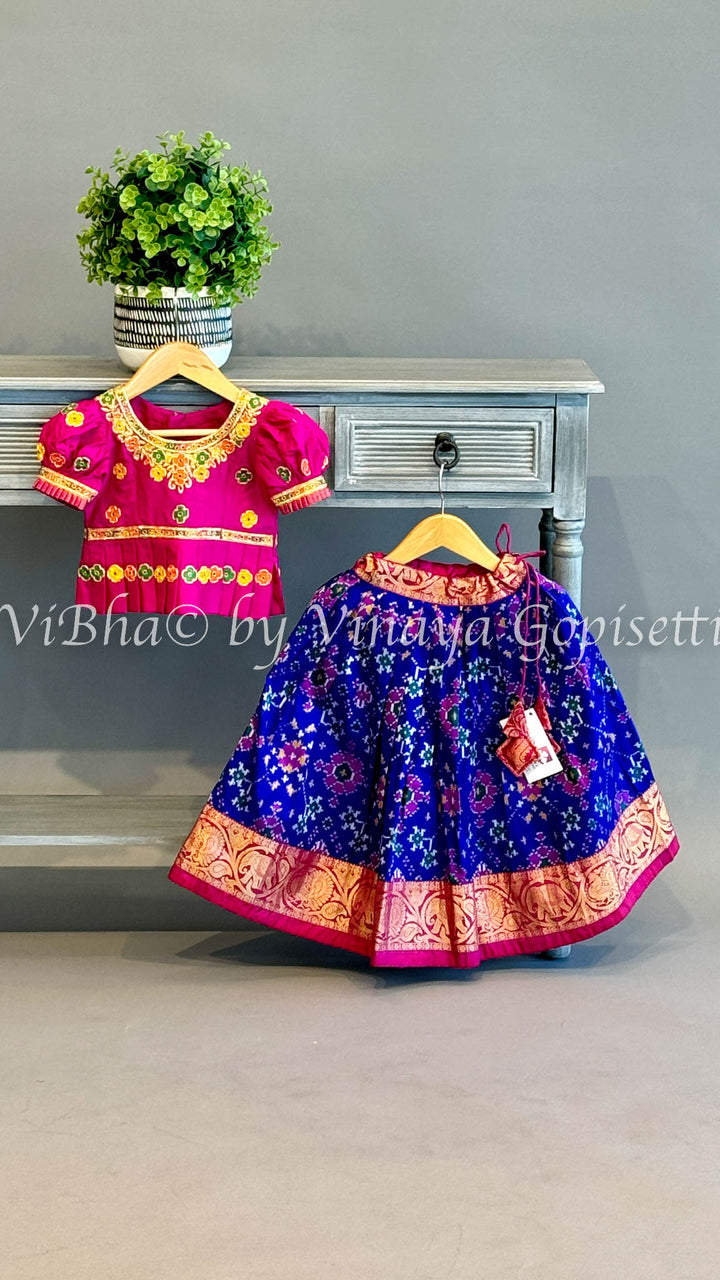 Blue And Pink Ikkat Kanchi Silk Skirt And Embroidered Top