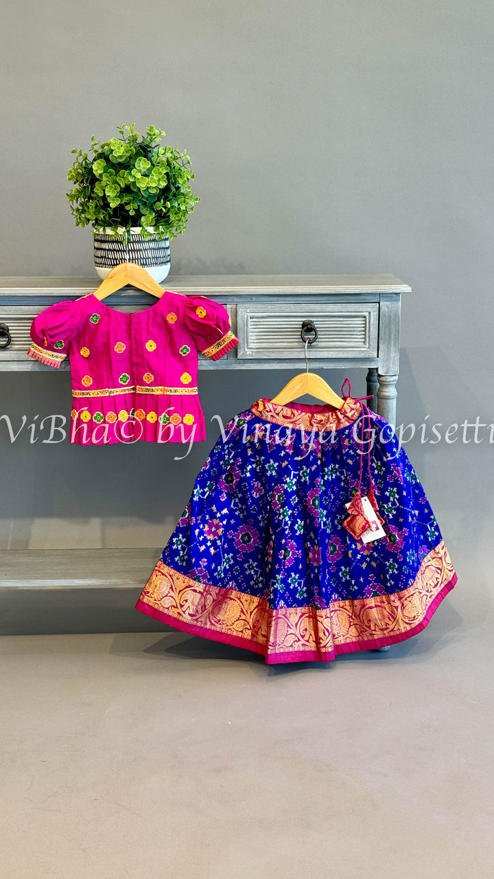 Blue And Pink Ikkat Kanchi Silk Skirt And Embroidered Top