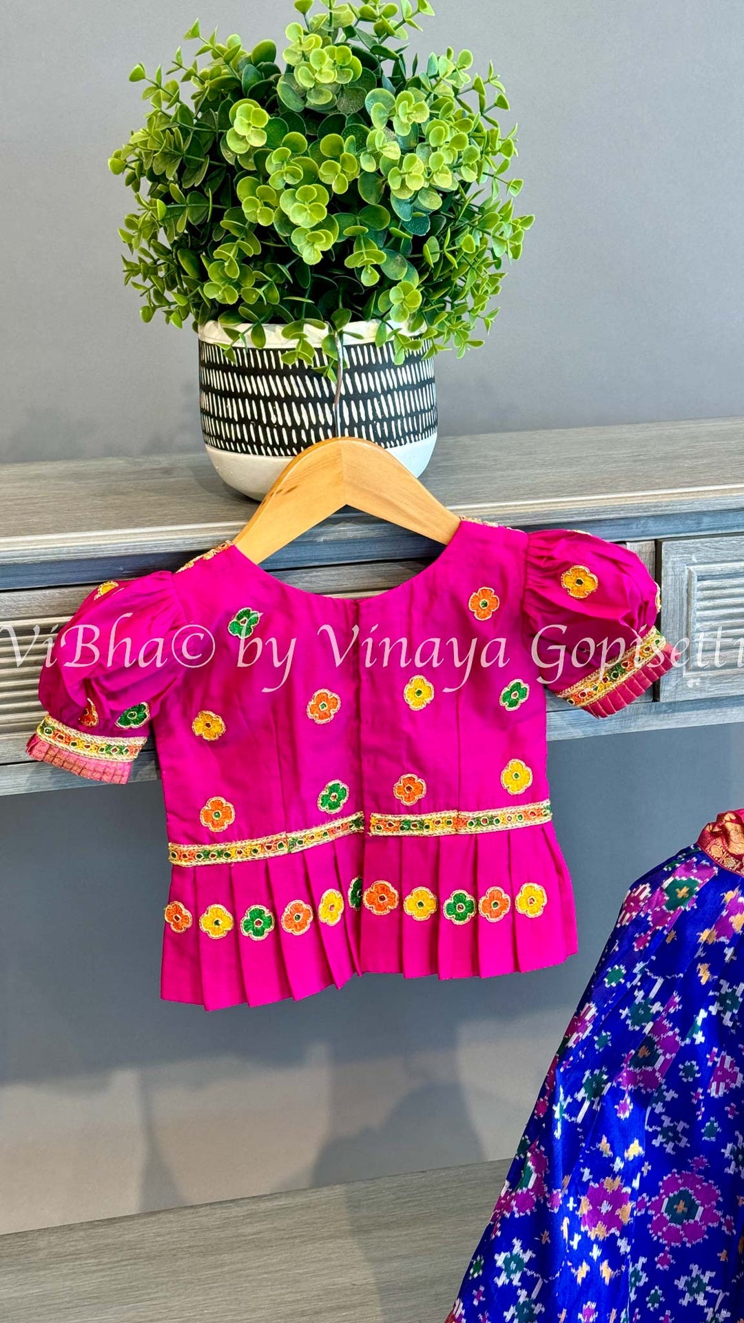 Blue And Pink Ikkat Kanchi Silk Skirt And Embroidered Top