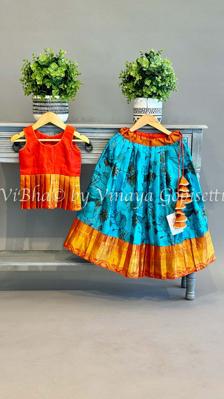 Blue and orange Kanchi Silk Skirt and Top