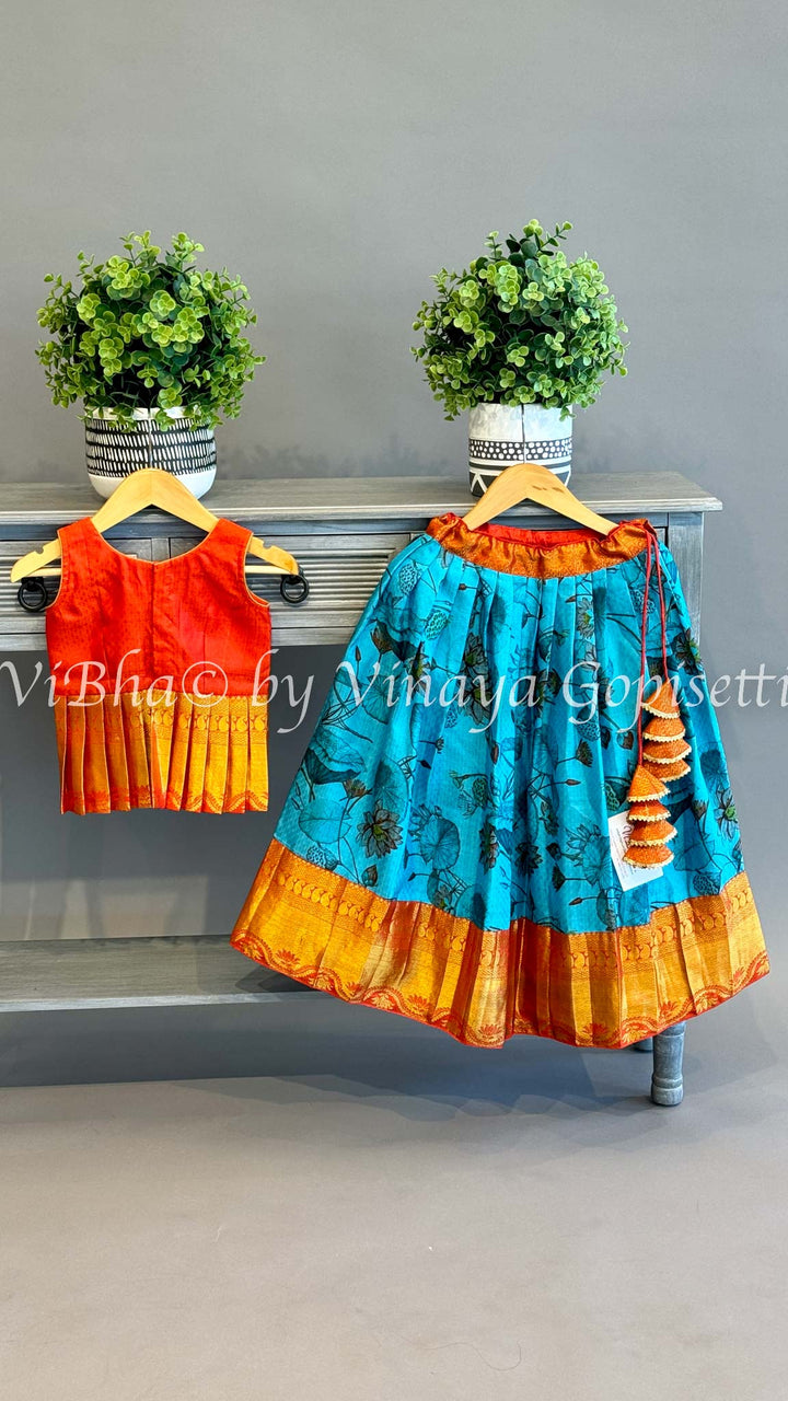 Blue and orange Kanchi Silk Skirt and Top