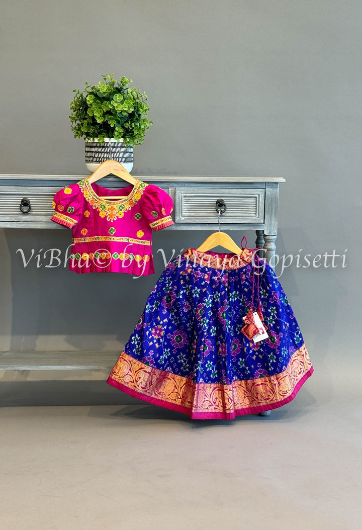 Blue And Pink Ikkat Kanchi Silk Skirt And Embroidered Top