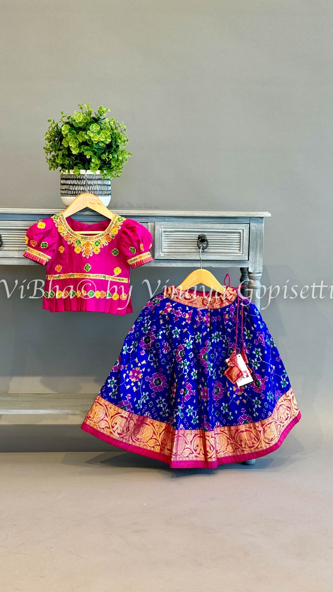 Blue And Pink Ikkat Kanchi Silk Skirt And Embroidered Top