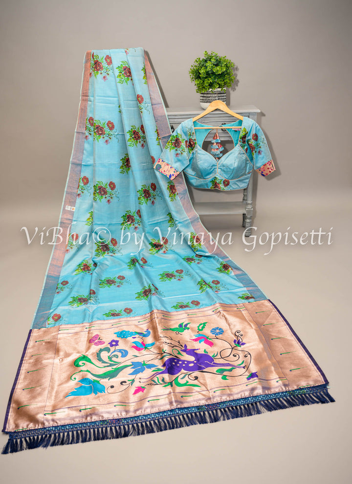 Blue Floral Digital Print Kanchi Soft Silk Saree With Benares Paithani Pallu And Blouse