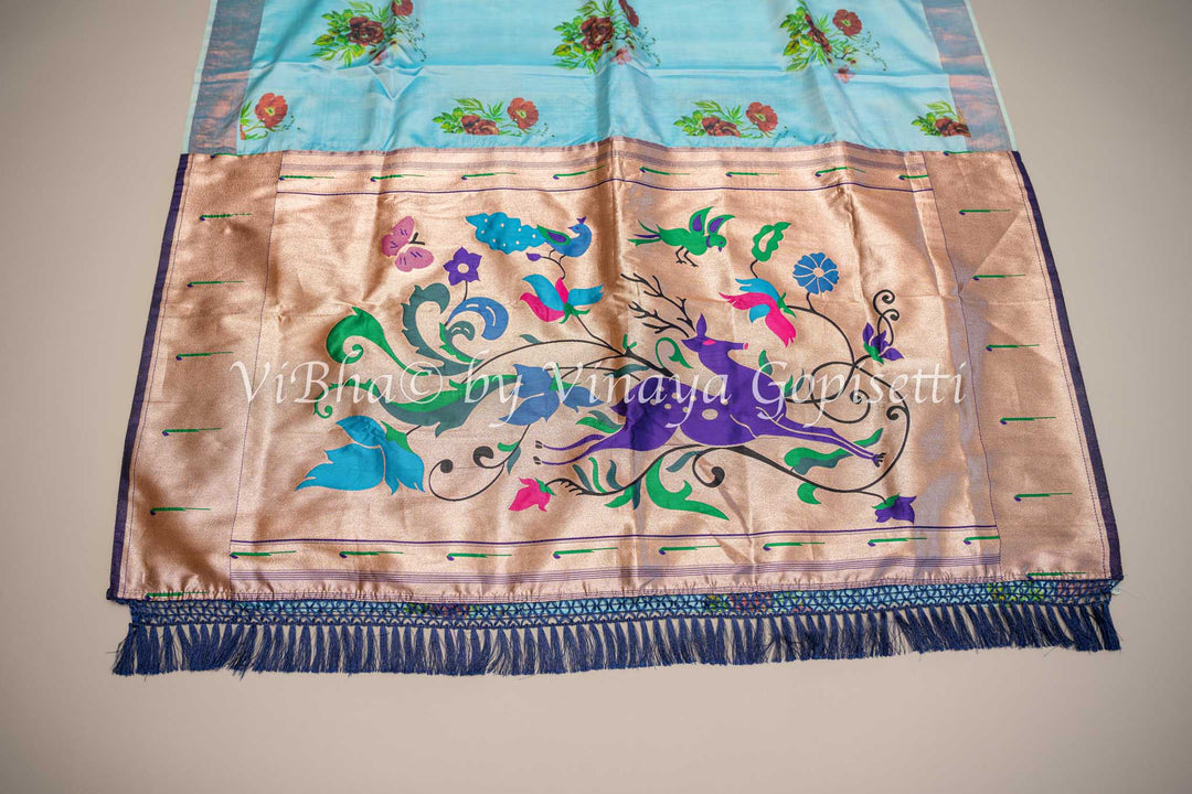 Blue Floral Digital Print Kanchi Soft Silk Saree With Benares Paithani Pallu And Blouse