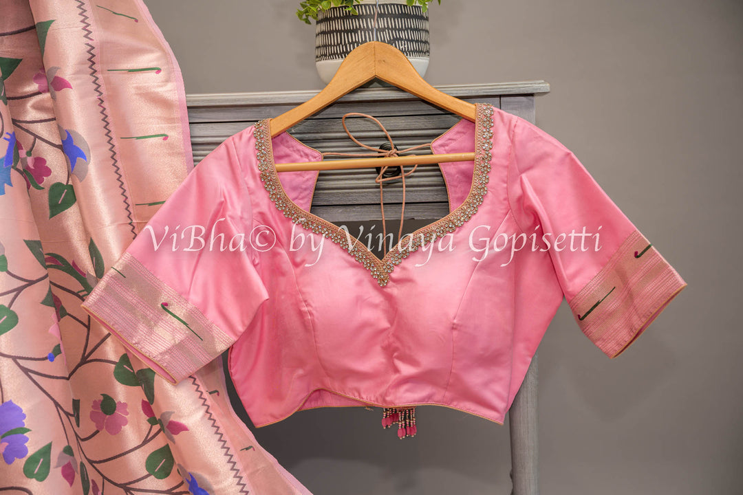 Pastel Pink Banarasi Paithani Silk Saree And Blouse