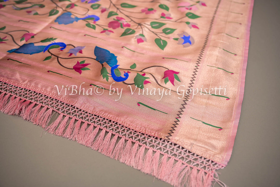 Pastel Pink Banarasi Paithani Silk Saree And Blouse