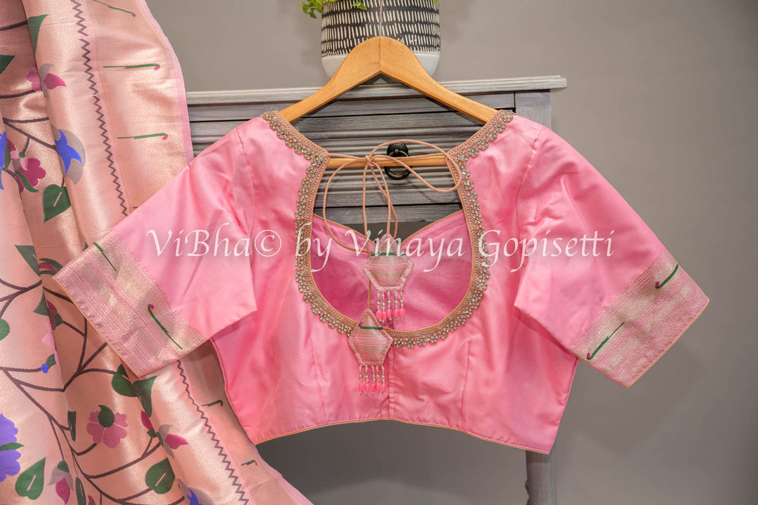 Pastel Pink Banarasi Paithani Silk Saree And Blouse