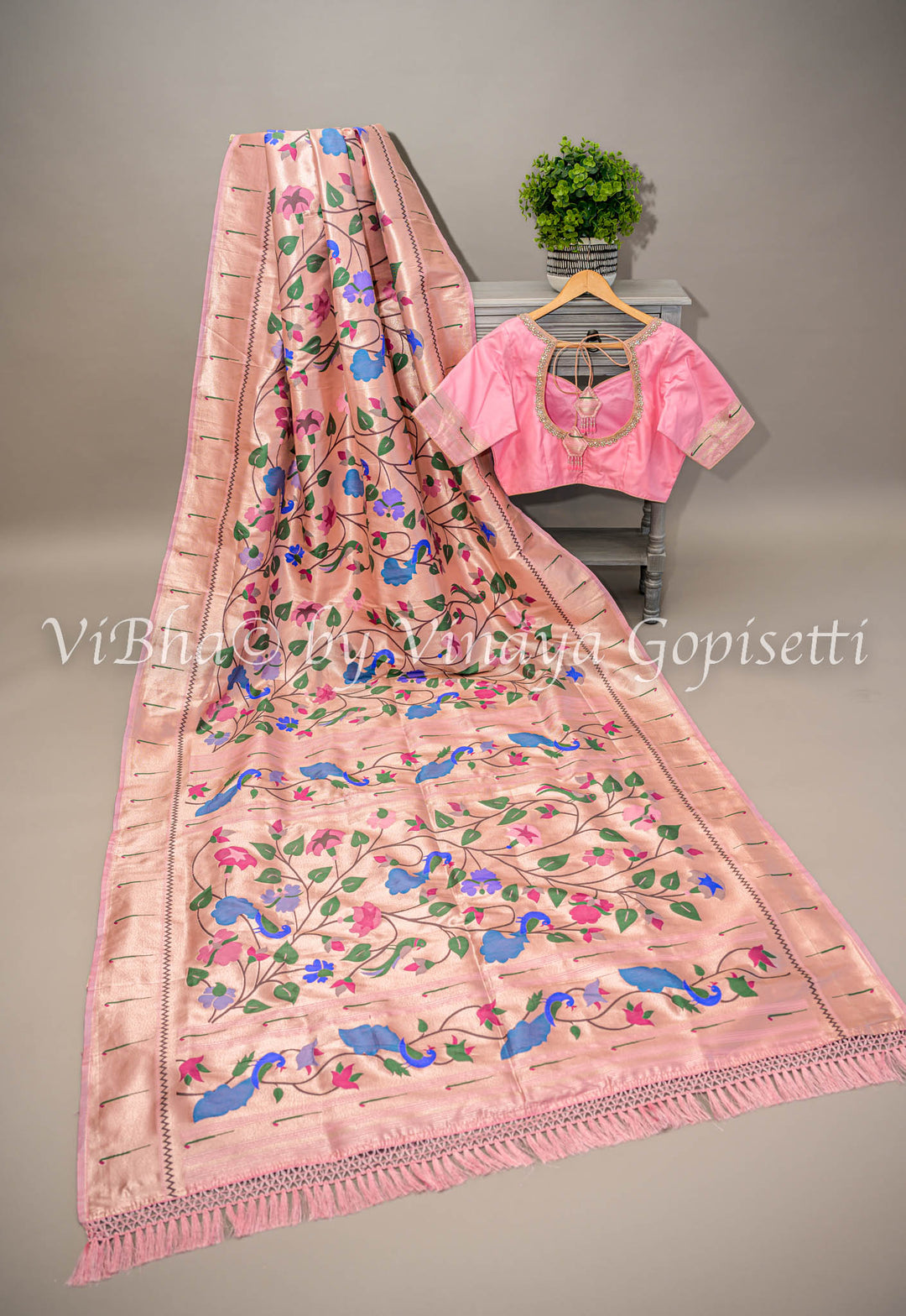 Pastel Pink Banarasi Paithani Silk Saree And Blouse